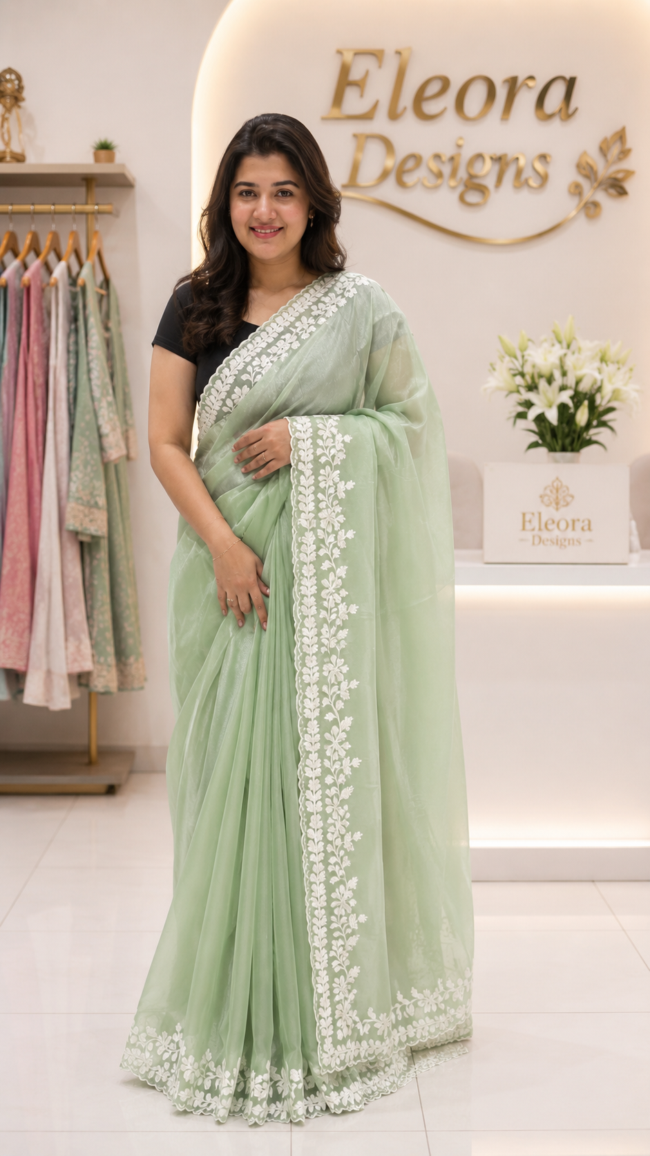 🌿 Elegant Mint Green Organza Saree 🌿