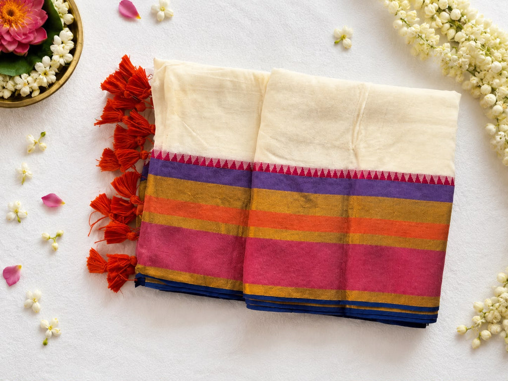 120 Count Pure Mul Cotton Saree with Orange Tassels