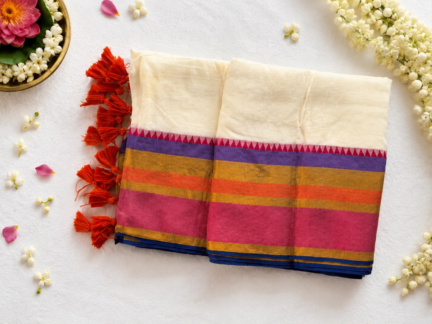 120 Count Pure Mul Cotton Saree with Orange Tassels