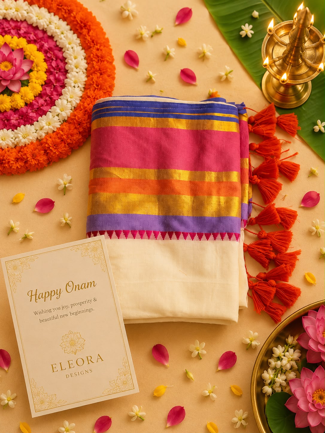 120 Count Pure Mul Cotton Saree with Orange Tassels