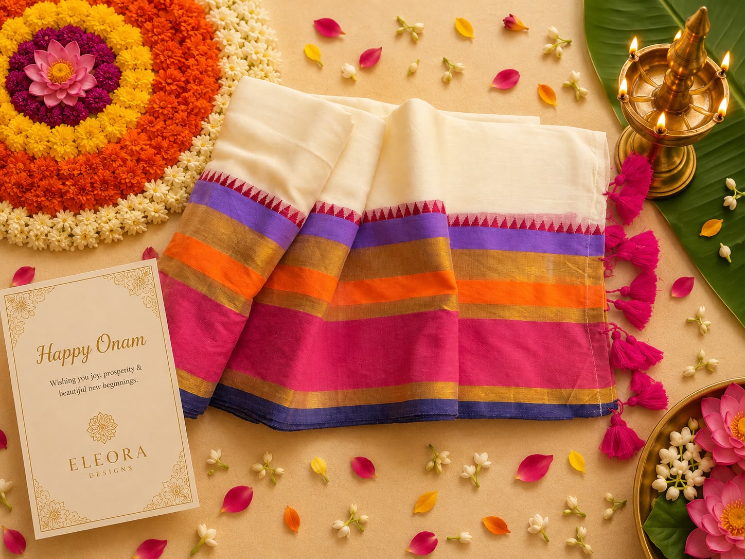 120 Count Pure Mul Cotton Saree with Pink Tassels
