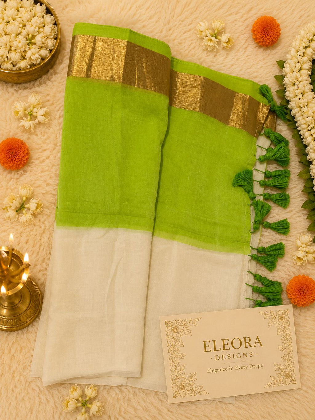 120 Mul Cotton Saree Green tassels