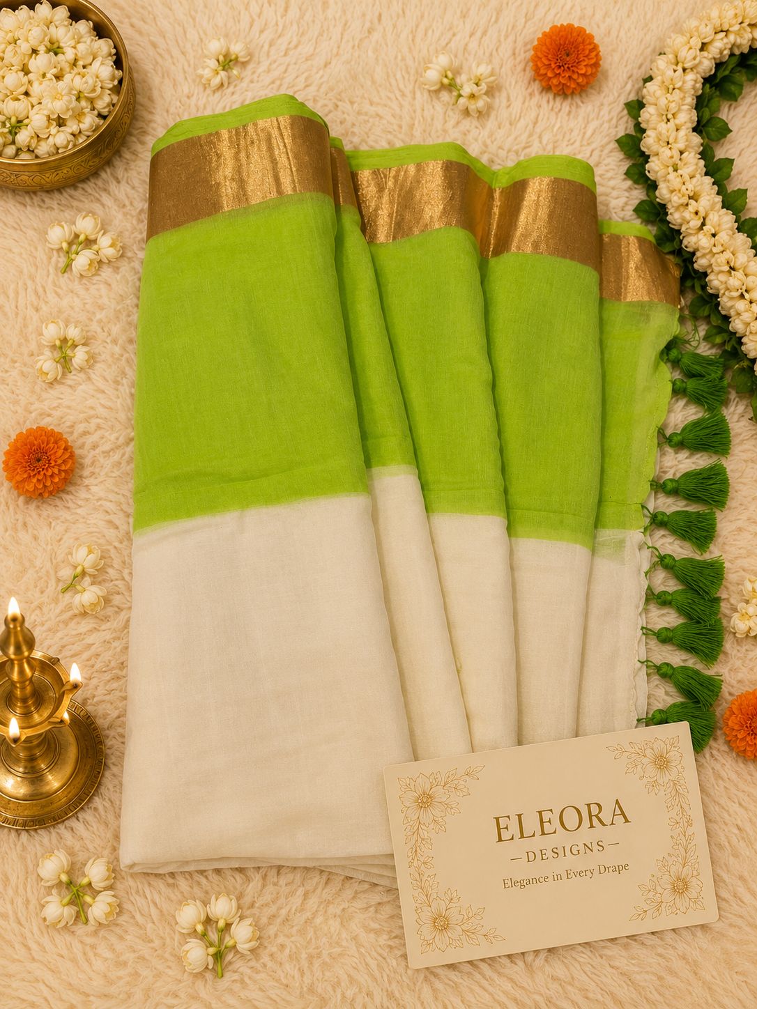 120 Mul Cotton Saree Green tassels