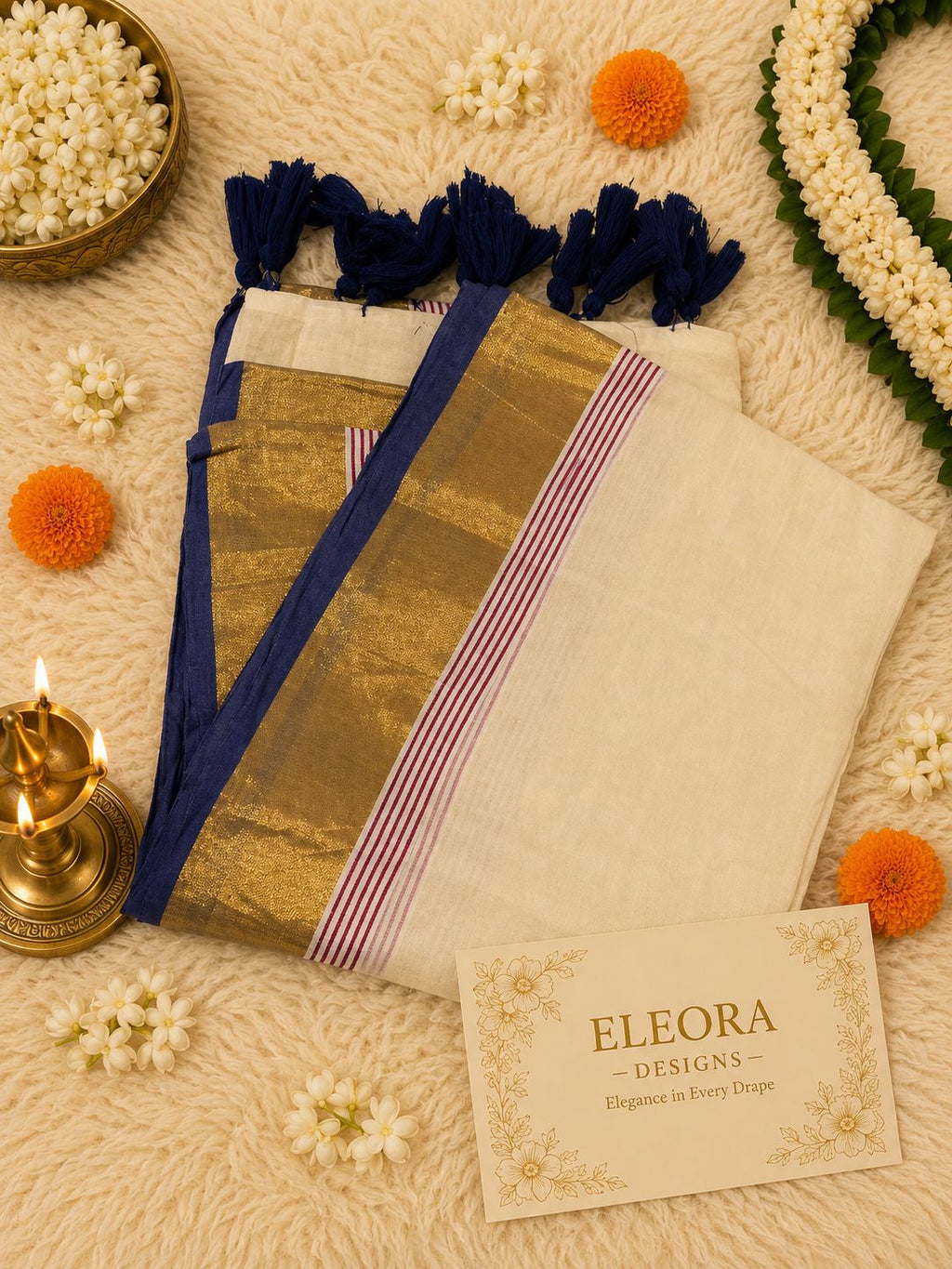 120 Mul Cotton Saree dark blue tassels