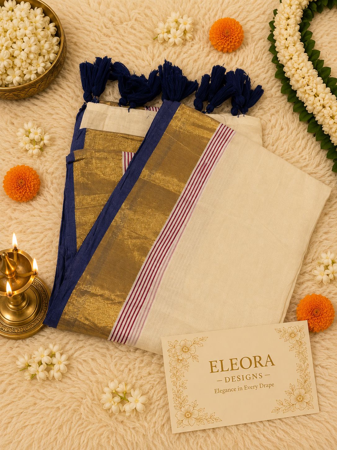 120 Mul Cotton Saree dark blue tassels