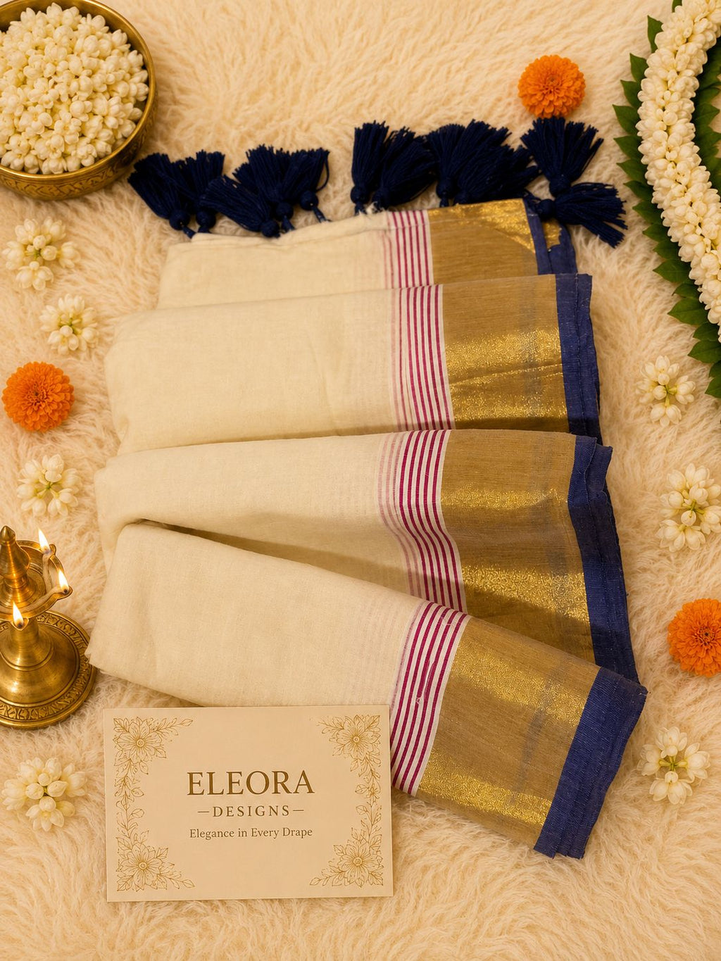 120 Mul Cotton Saree dark blue tassels