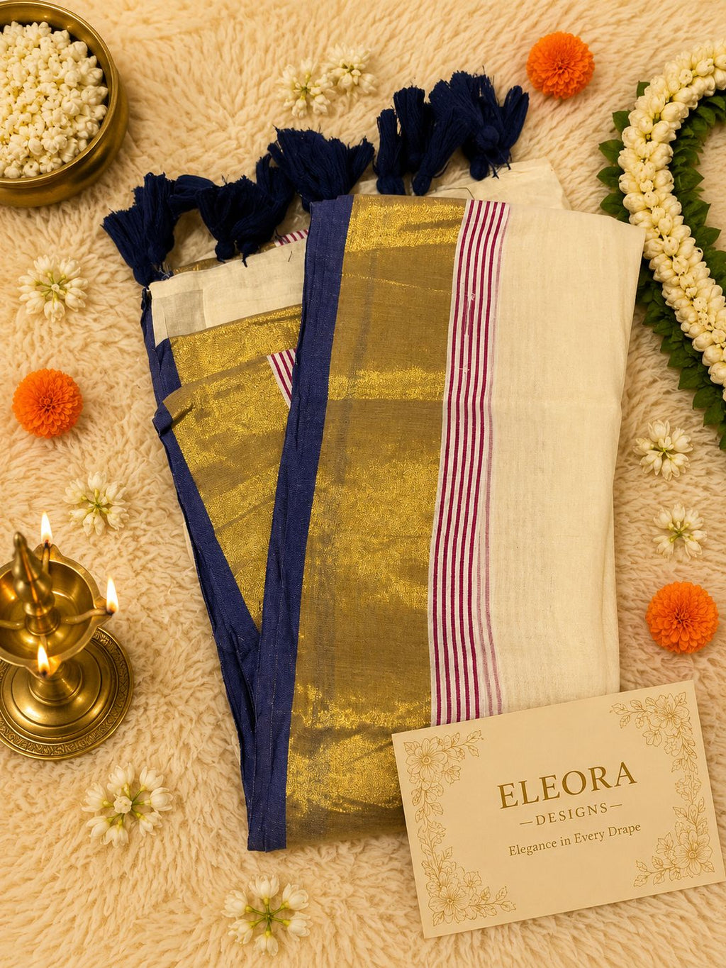 120 Mul Cotton Saree dark blue tassels