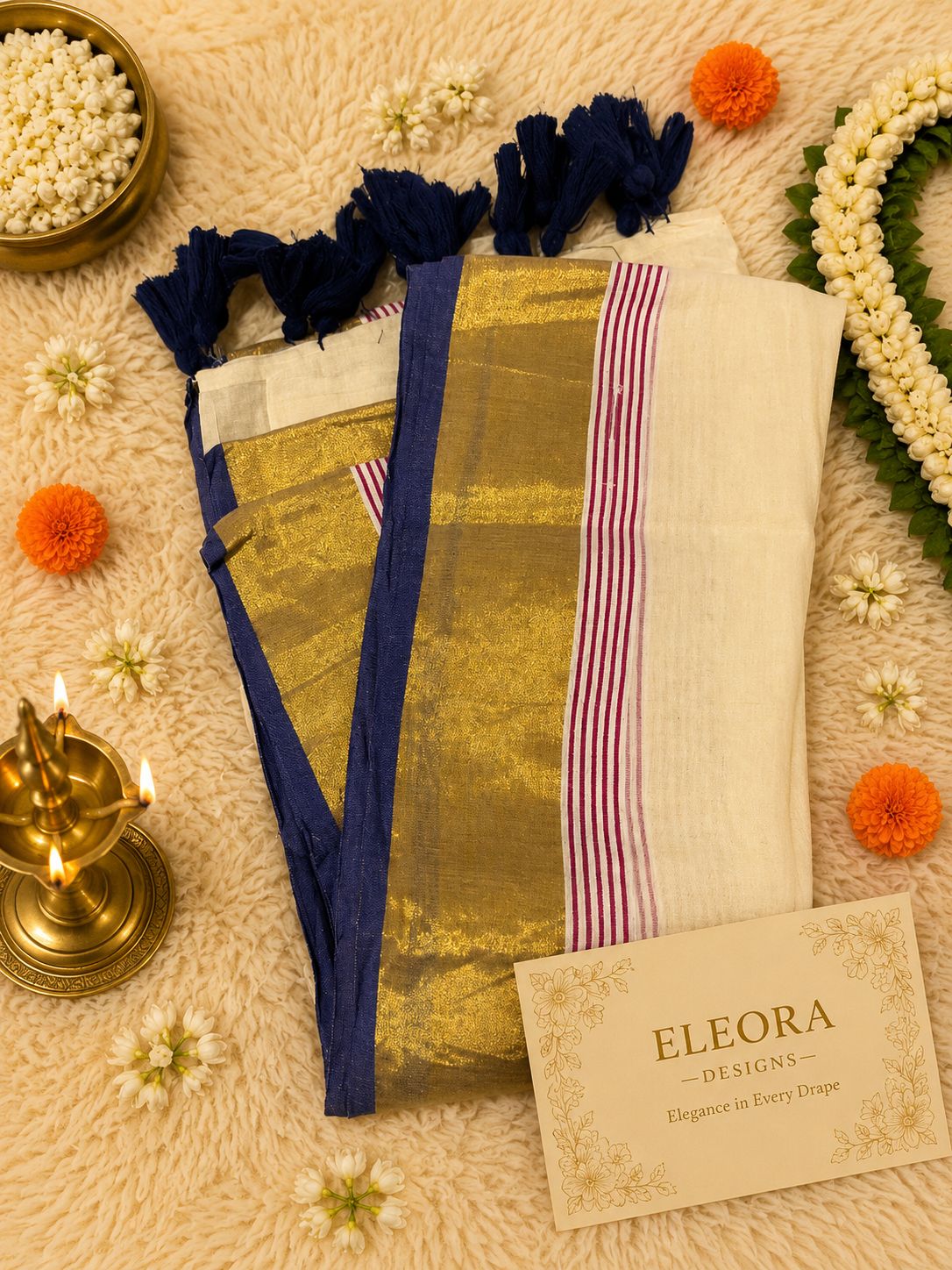 120 Mul Cotton Saree dark blue tassels