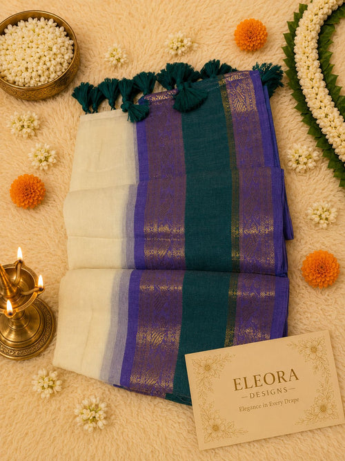 120 Mul Cotton Saree dark green tassels