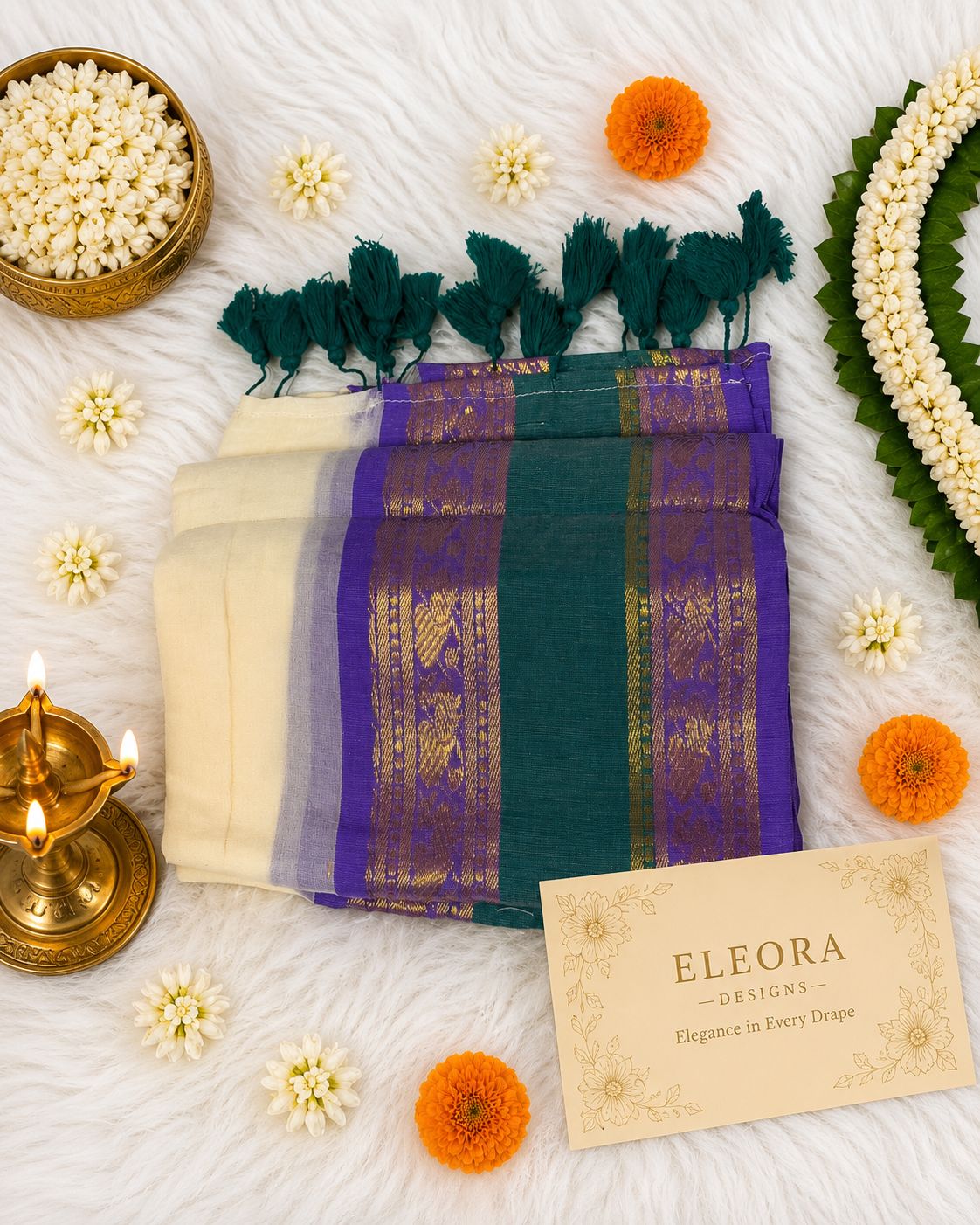 120 Mul Cotton Saree dark green tassels