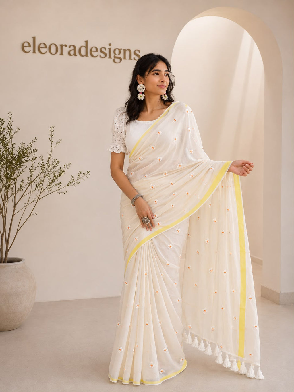 Premium 120 mul cotton embroidery saree with blouse piece Off white and yellow