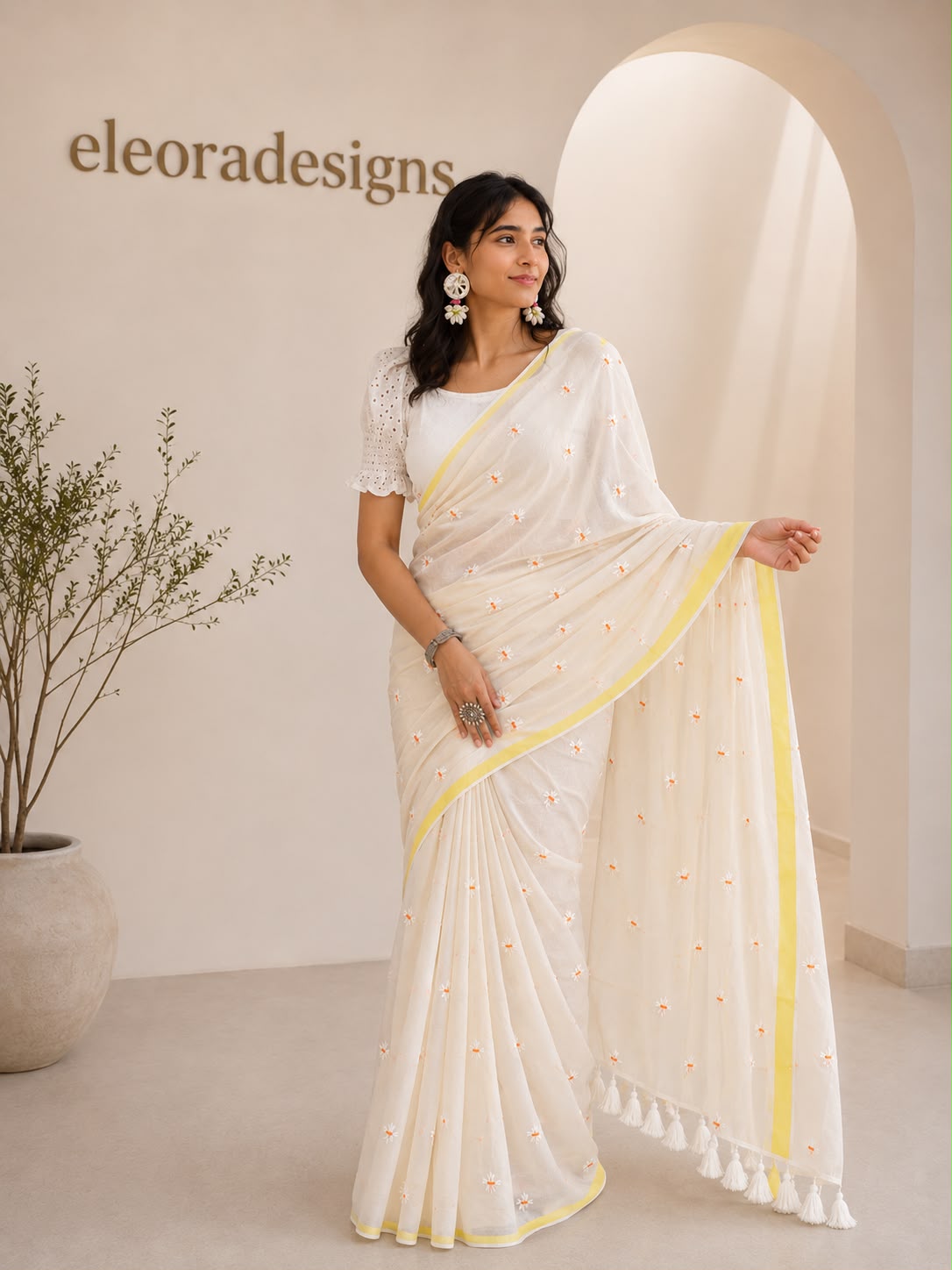 Premium 120 mul cotton embroidery saree with blouse piece Off white and yellow