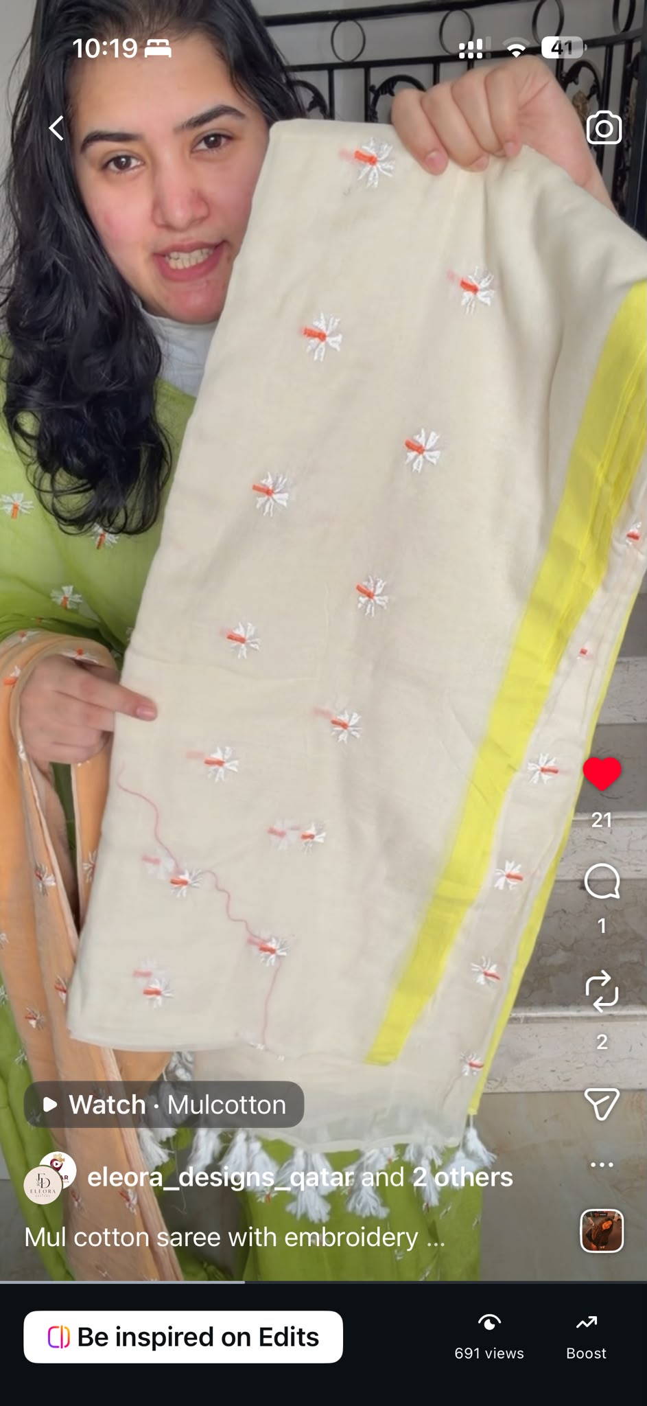Premium 120 mul cotton embroidery saree with blouse piece Off white and yellow