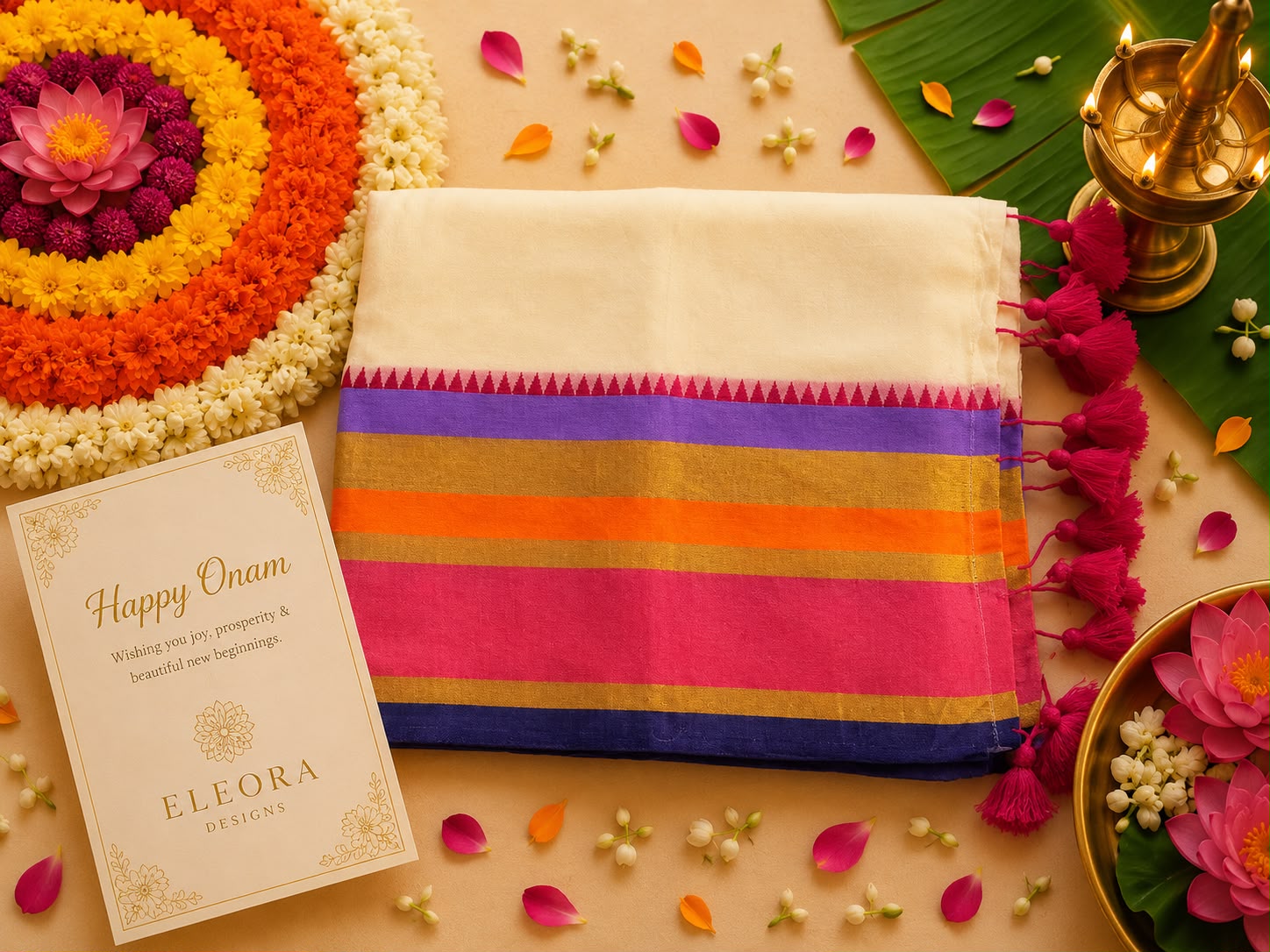 120 Count Pure Mul Cotton Saree with Pink Tassels